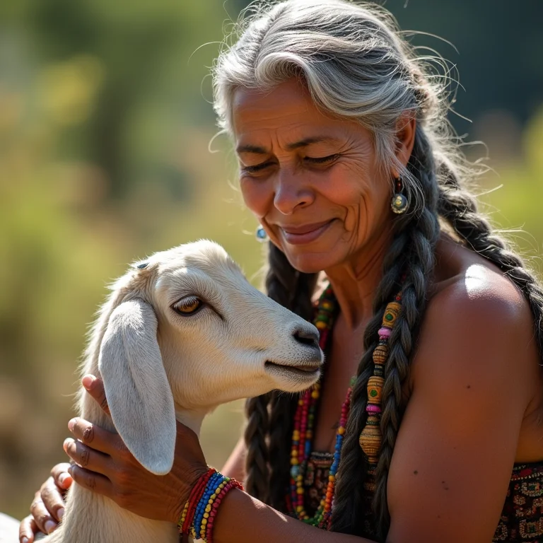Mulher indígena brasileira idosa cuidando de cabras em fazenda rural.