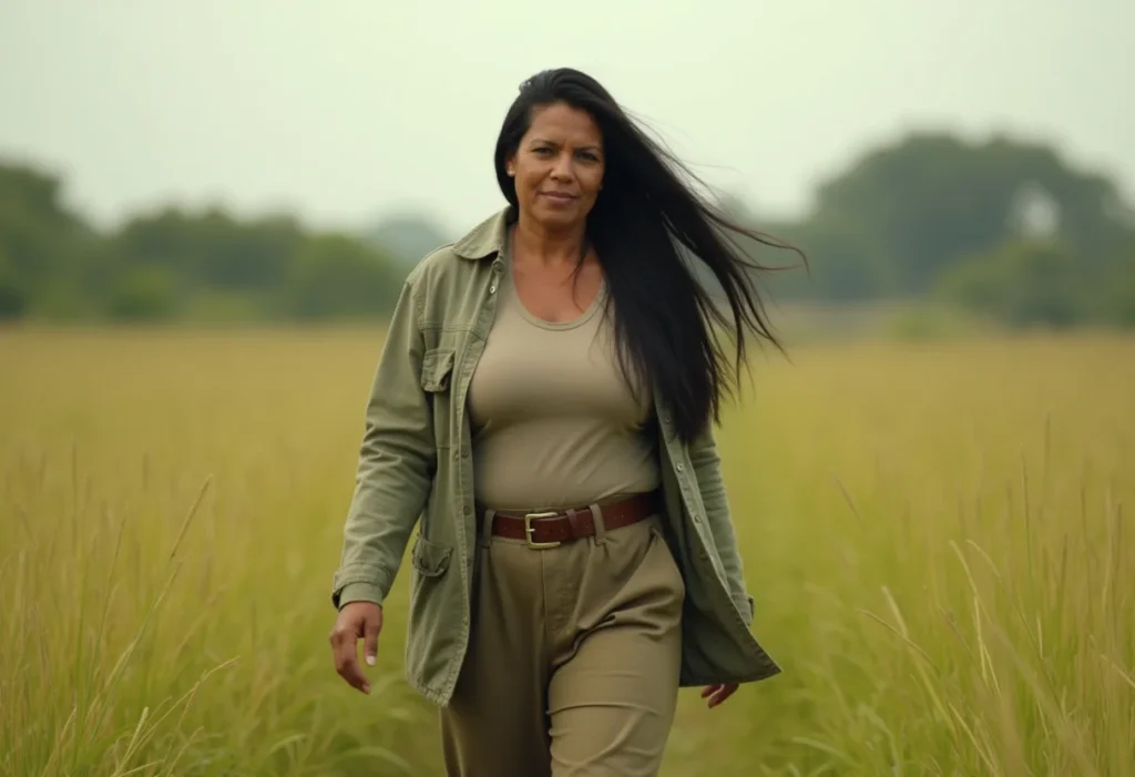 Mulher indígena caminhando em campo aberto, zona rural