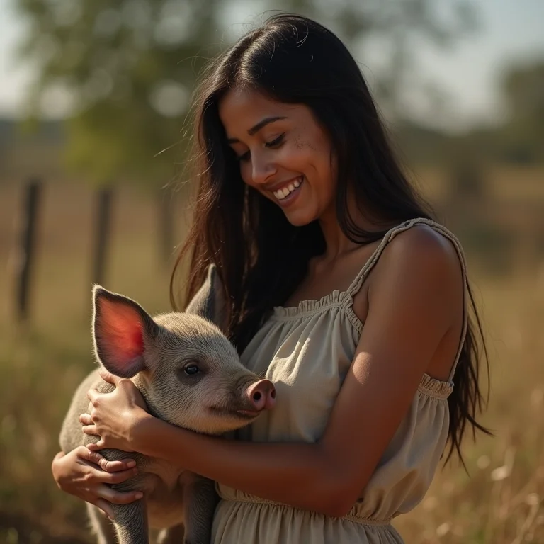 Mulher indígena cuidando de porco Moura.