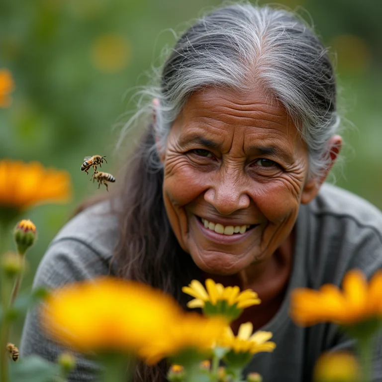 Mulher indígena cuidando do jardim e das abelhas