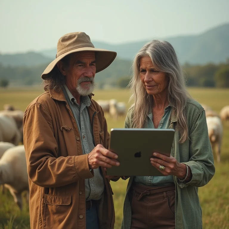 Mulher indígena e jovem fazendeiro consultando tablet.