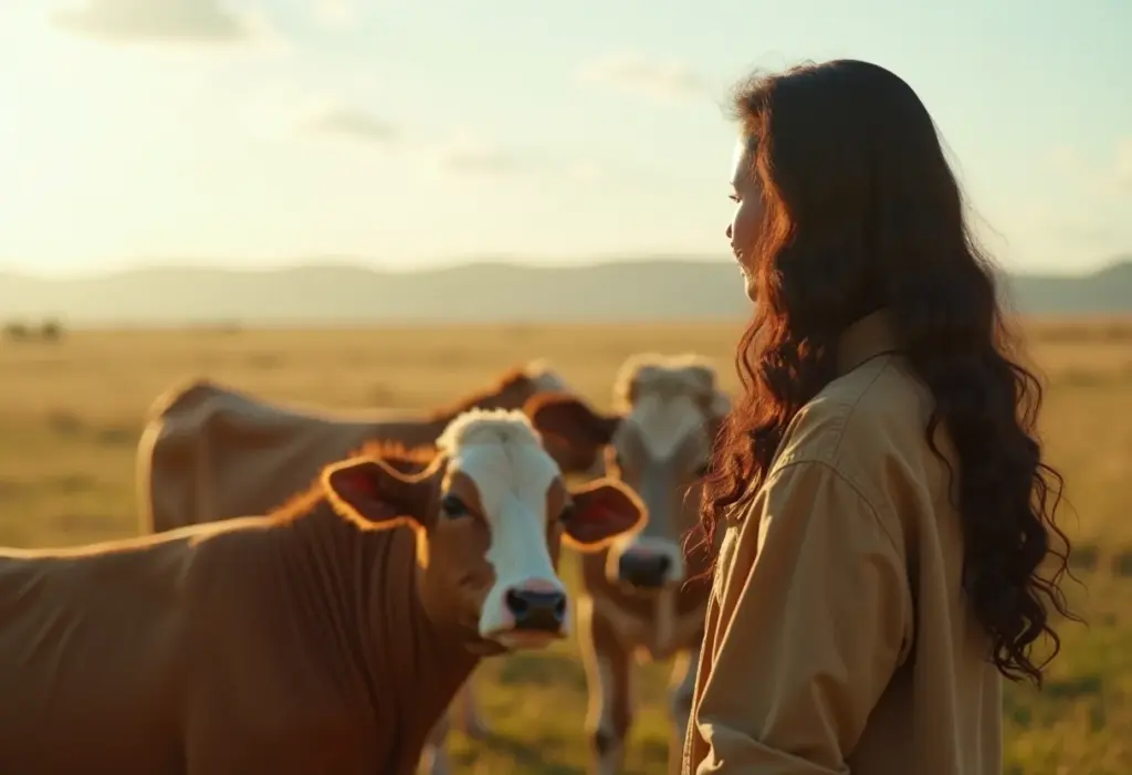 Manejo de carrapatos no sítio: Guia prático para proteger seus animais Mulher indígena inspecionando gado em pastagem.