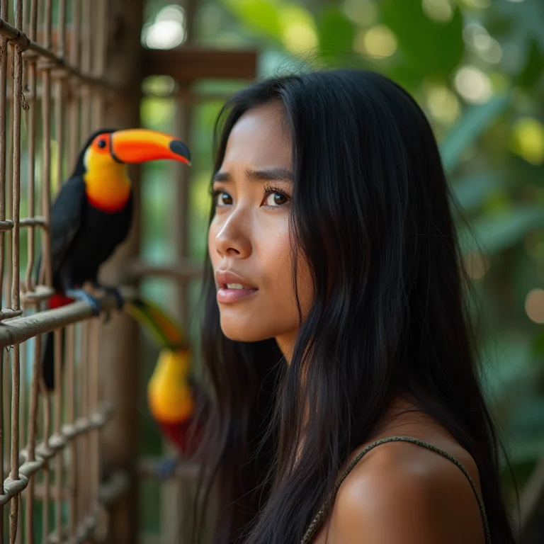 Mulher indígena observando tucano em gaiola