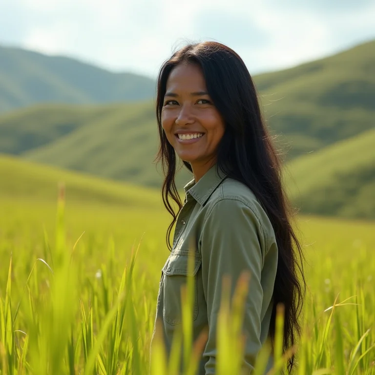 Mulher indígena sorrindo em pasto de capim Mombaça