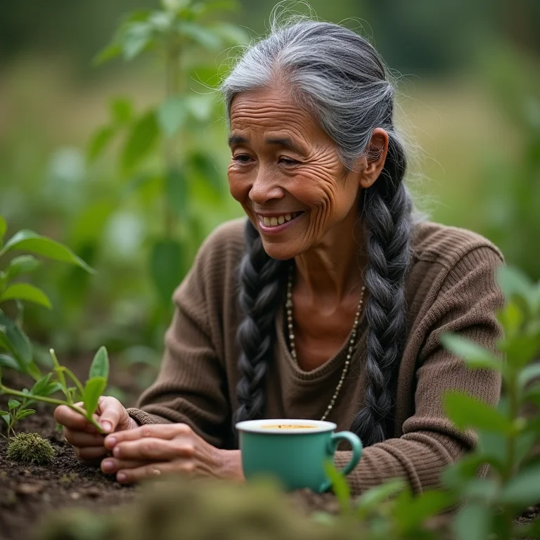 Mulher indígena sorrindo enquanto cuida do jardim com chá de PariParoba