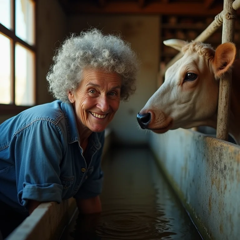 Mulher inspecionando bebedouro de gado.