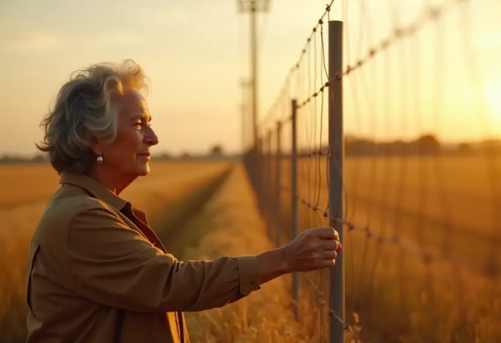 Mulher inspecionando cerca elétrica rural ao entardecer.