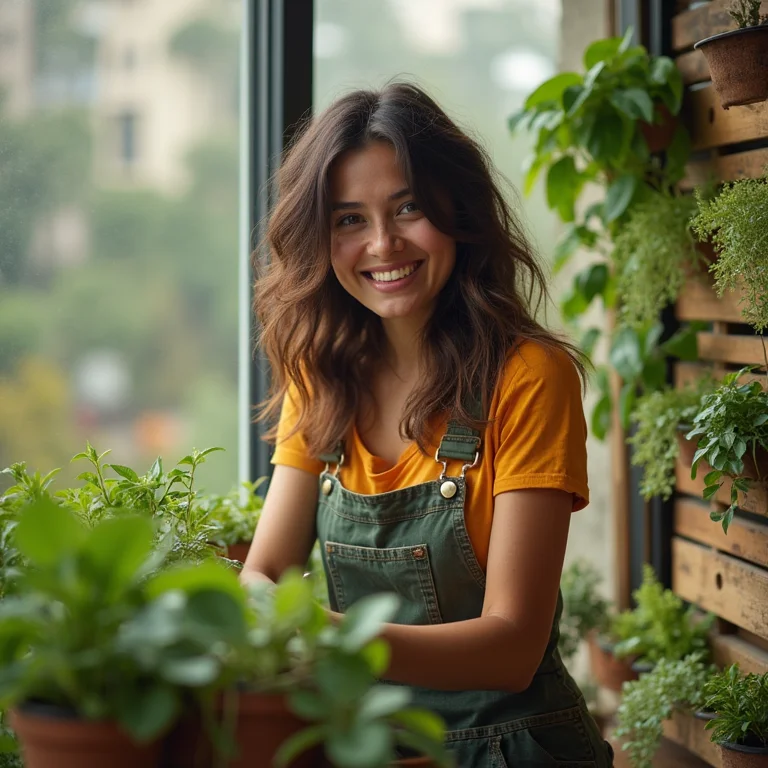 Mulher jovem morena cuidando de jardim vertical feito com pallets