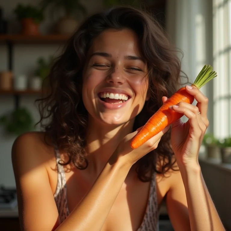 Mulher jovem segurando cenoura.