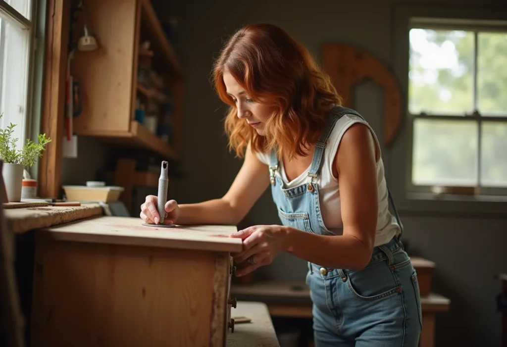 Mulher lixando móvel antigo em oficina ensolarada