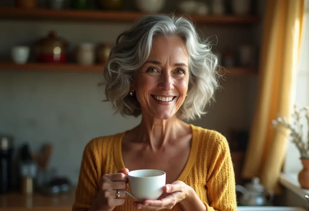 Mulher madura bebendo chá de chapéu de couro