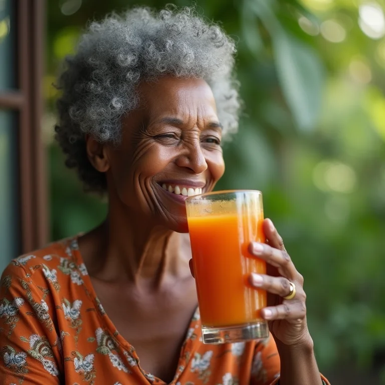Mulher madura bebendo suco de cenoura.