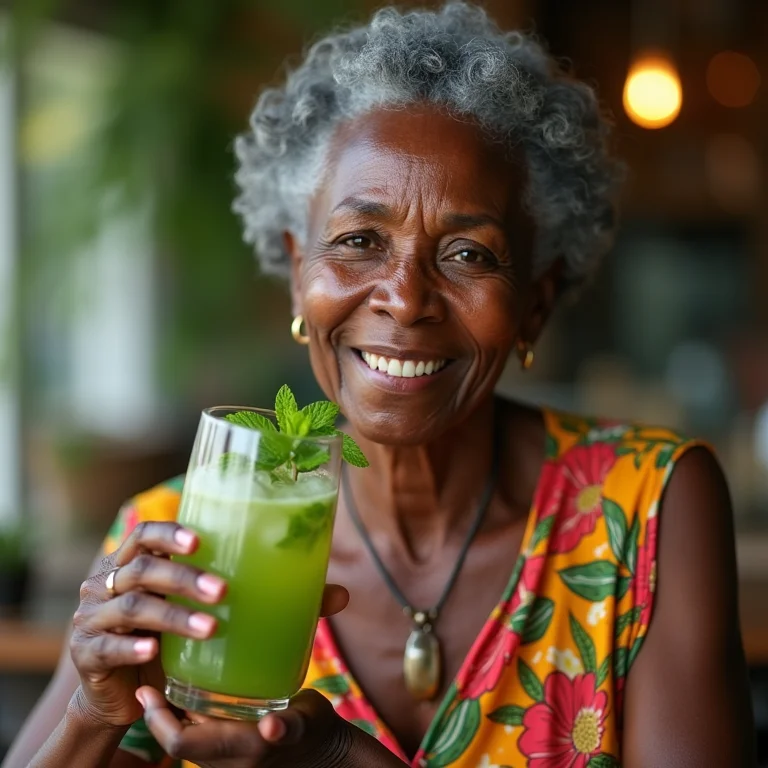 Mulher madura bebendo suco de uva e hortelã