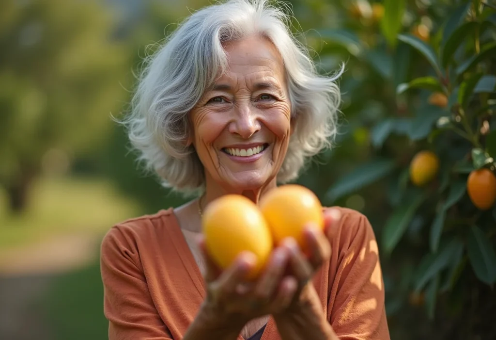 Mulher madura colhendo manga espada no quintal