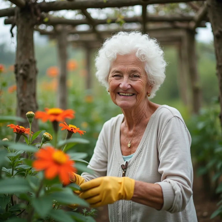Mulher madura cuidando de flores em um pergolado rústico de galhos e troncos.