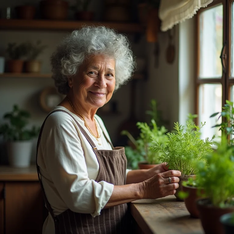 Mulher madura cuidando de plantas aromáticas em cozinha rústica