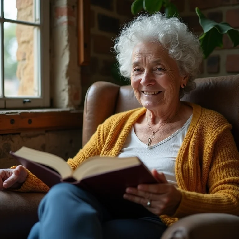 Mulher madura e sorridente relaxando em poltrona rústica confortável
