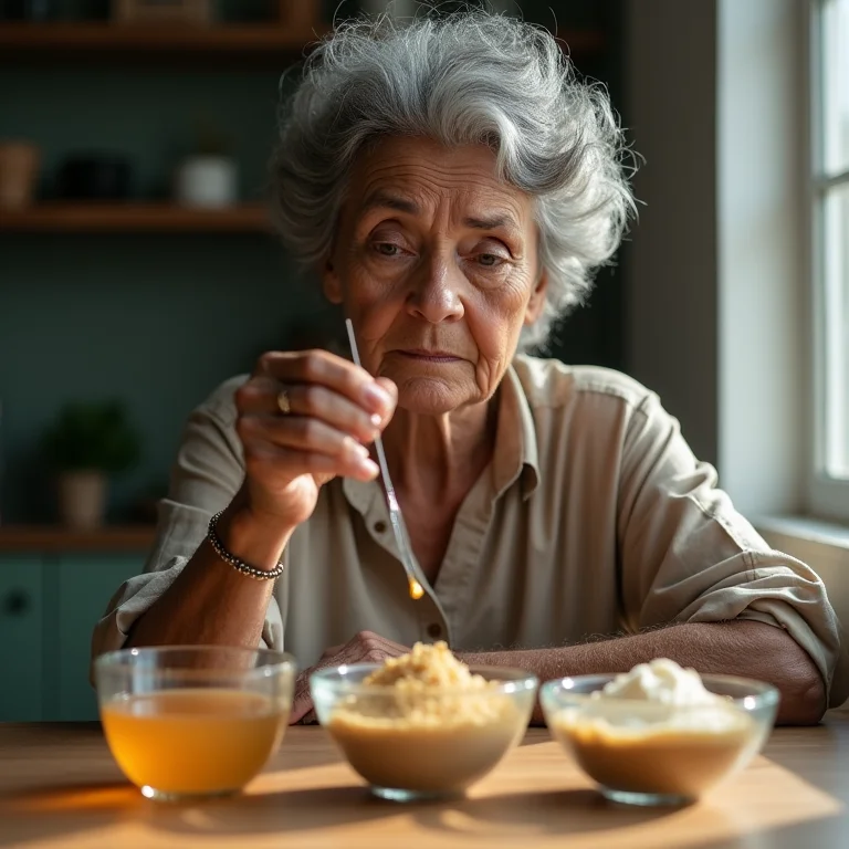 Mulher madura escolhendo adoçante natural para sua limonada.