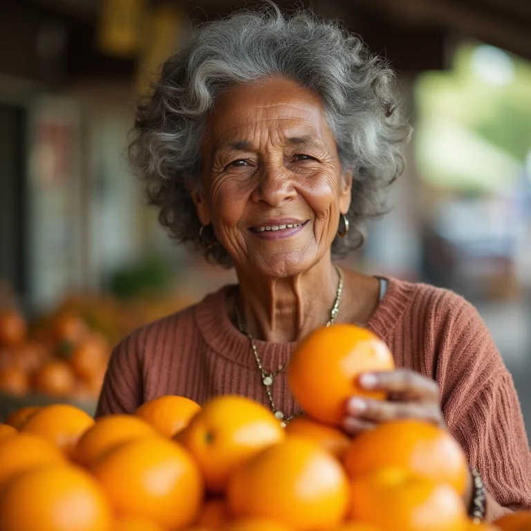 Mulher madura escolhendo laranjas frescas na feira.