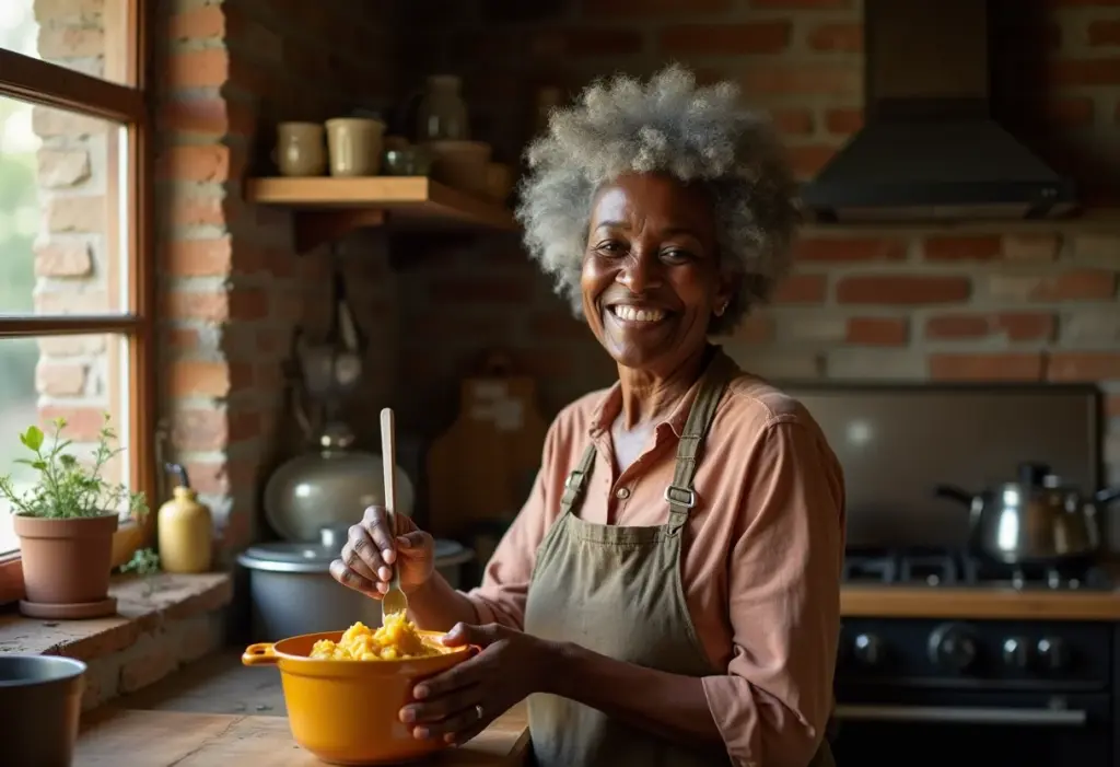 Mulher madura fazendo compota de jaca na cozinha