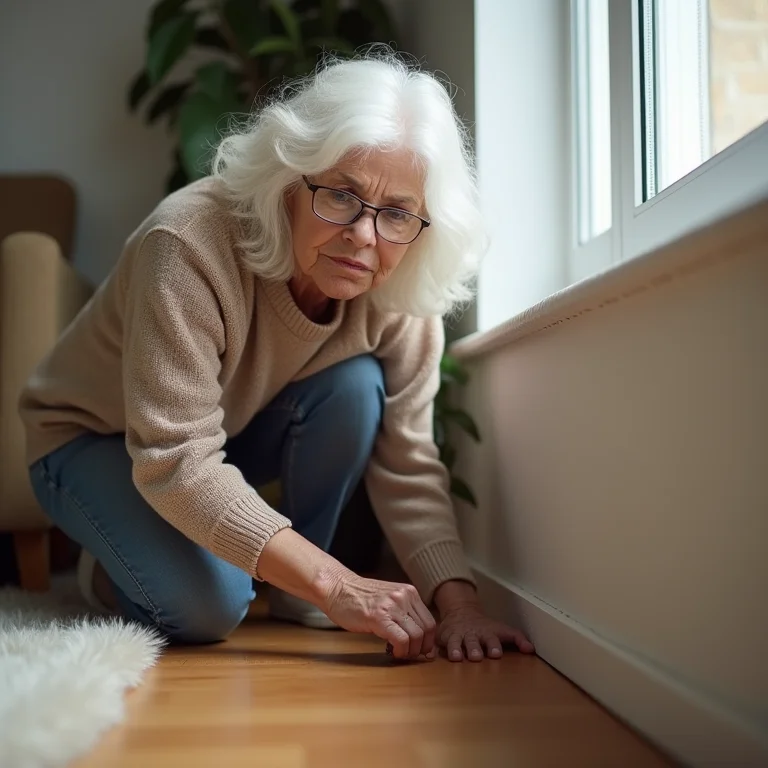 Mulher madura inspecionando rodapé em busca de formigas caseiras.