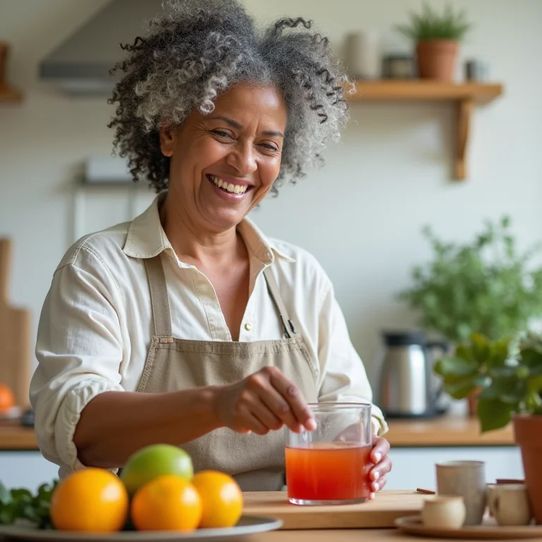 Mulher madura preparando chá de acerola na cozinha.
