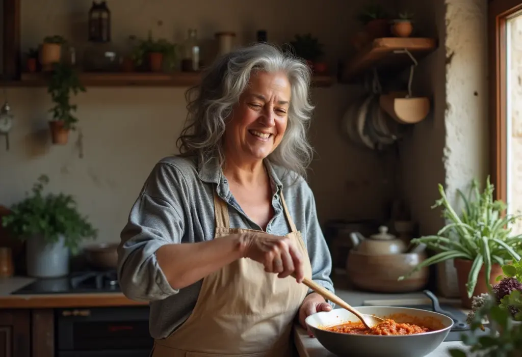 Mulher madura preparando ragu de linguiça cremoso