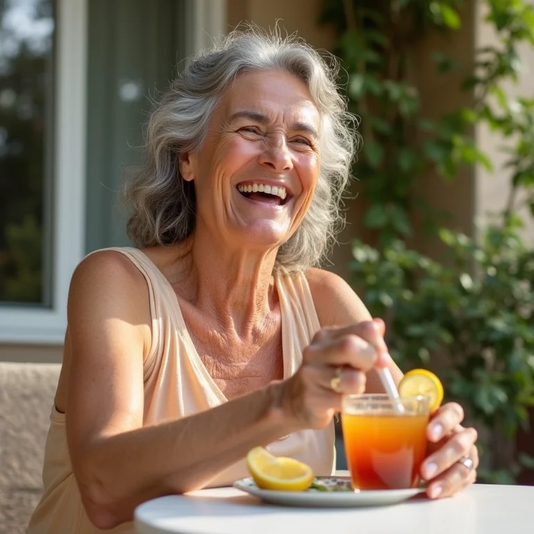Mulher madura rindo enquanto prepara chá de mate com pêssego.