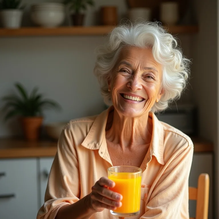 Mulher madura segurando suco de açafrão com laranja e sorrindo.