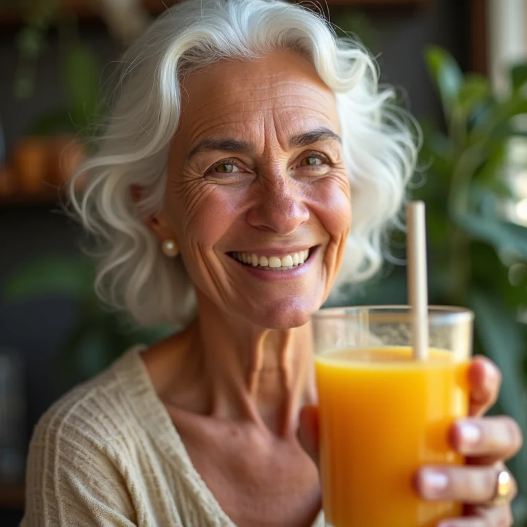 Mulher madura segurando suco e sorrindo