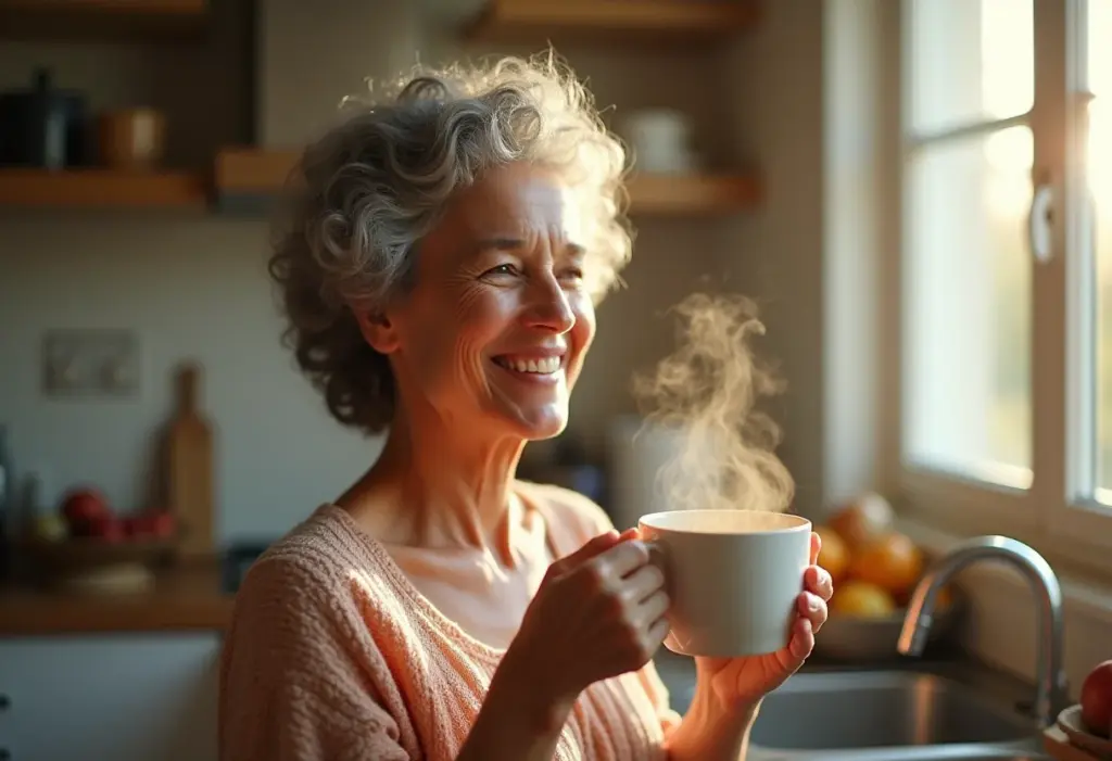 Mulher madura segurando xícara de chá de casca de maçã