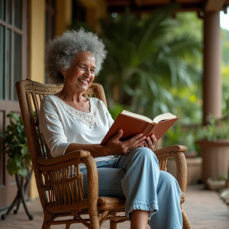Mulher madura sentada em cadeira de palha, lendo um livro