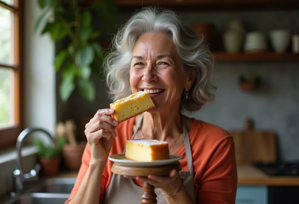 Mulher madura sorrindo ao saborear bolo de fubá com goiabada.