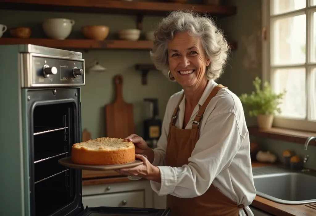 Mulher madura sorrindo ao tirar bolo de coco caseiro do forno.
