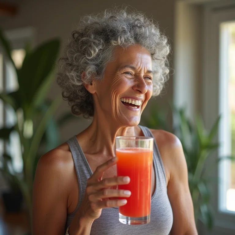 Mulher madura sorrindo após treino bebendo suco de acerola.