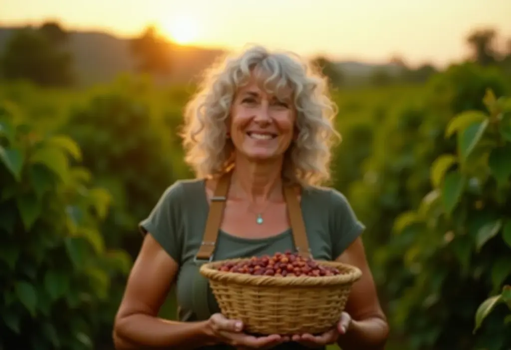 Mulher madura sorrindo colhendo grãos de café orgânico.