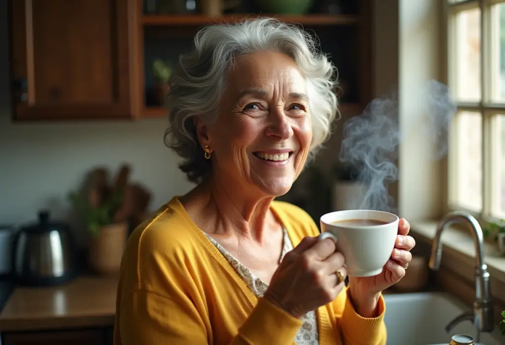 Chá de Tanchagem: O segredo ancestral para sua imunidade Mulher madura sorrindo com chá de tanchagem.