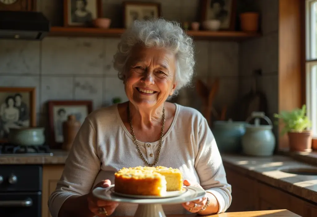 Bolo Souza Leão perfeito: o segredo para uma receita de família Mulher madura sorrindo com fatia de Bolo Souza Leão