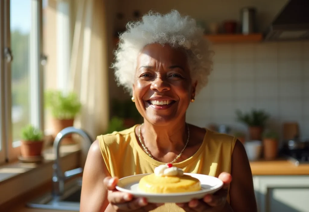 Mulher madura sorrindo com pudim de banana cremoso