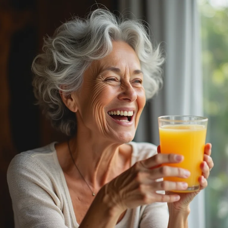 Mulher madura sorrindo e mostrando um copo de suco de laranja