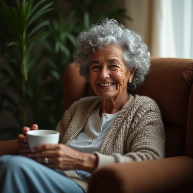 Mulher madura sorrindo enquanto relaxa com uma xícara de chá