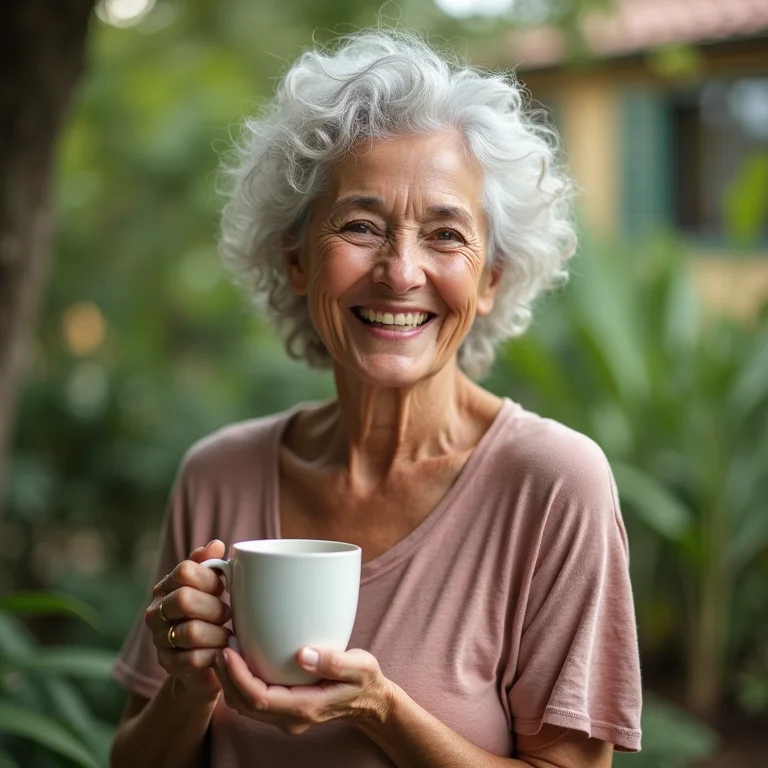 Mulher madura sorrindo enquanto toma chá e alivia os sintomas da menopausa.