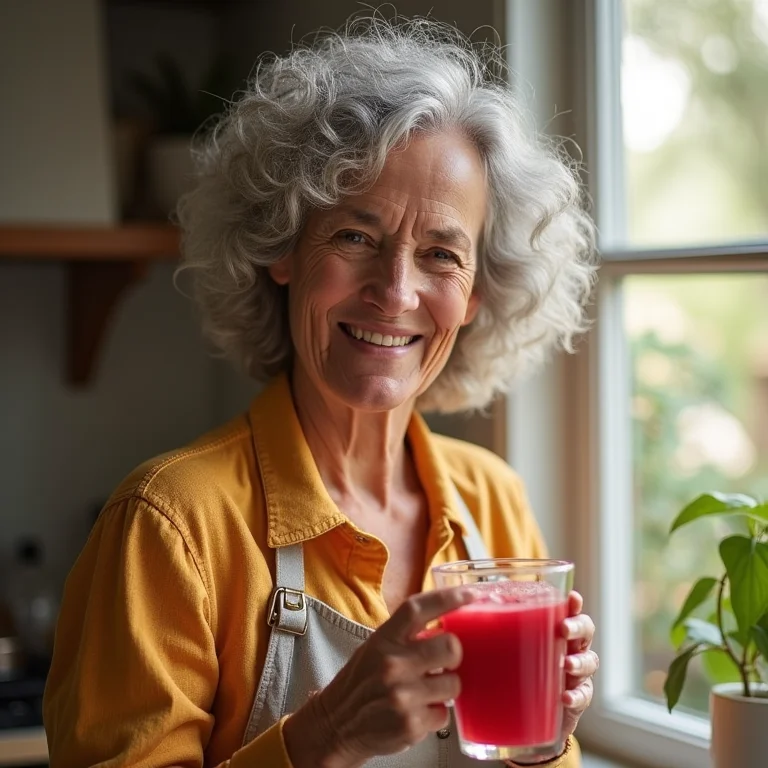 Mulher madura sorrindo segurando suco de framboesa