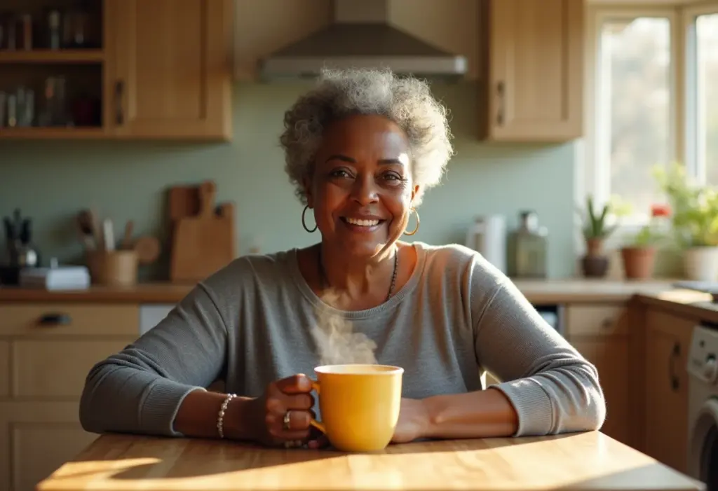 Chá de Erva Doce: O segredo para um sono tranquilo e digestão leve Mulher madura tomando chá de erva doce em cozinha ensolarada