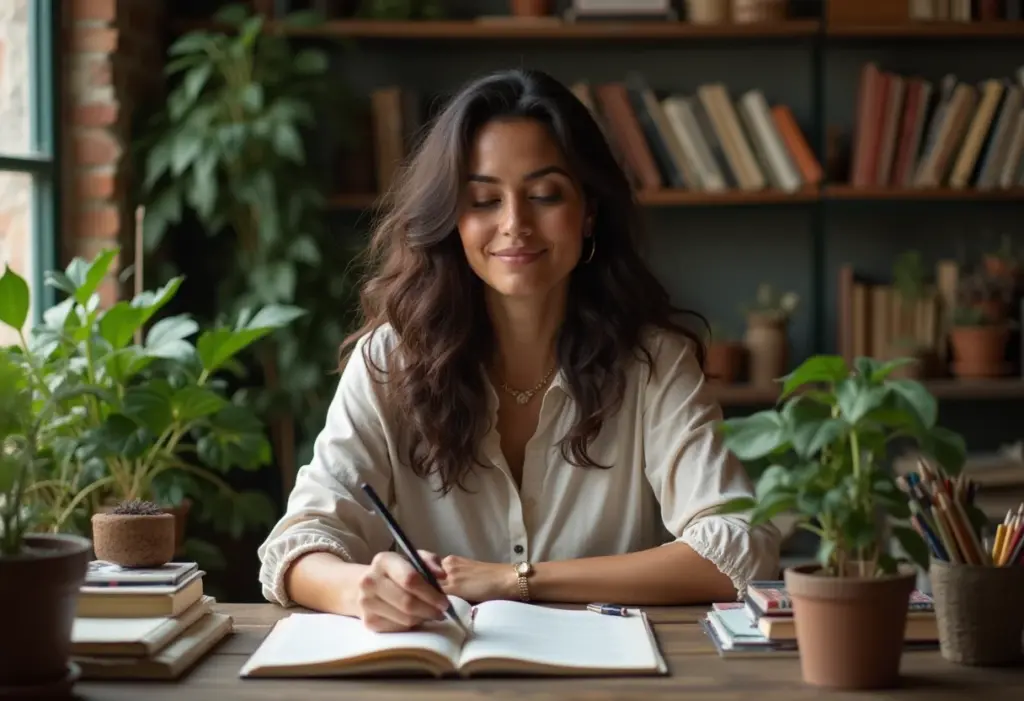 Mulher madura trabalhando em escritório rústico
