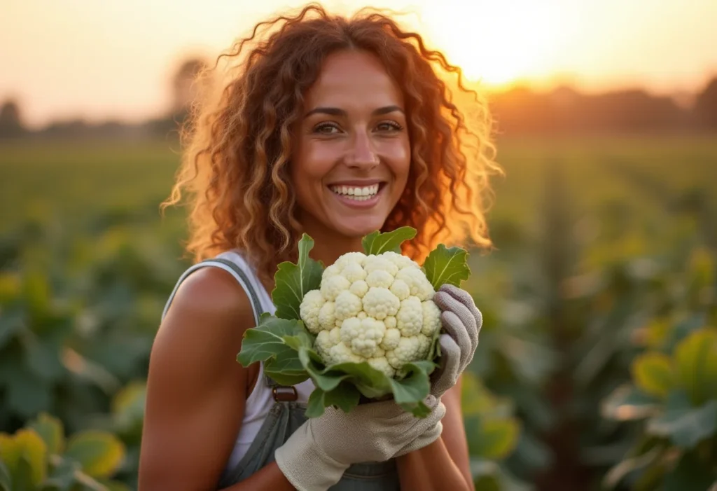 Mulher morena colhendo couve-flor no campo