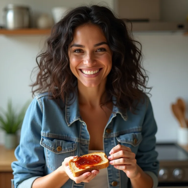 Mulher morena degustando geleia de bacon em torrada na cozinha.