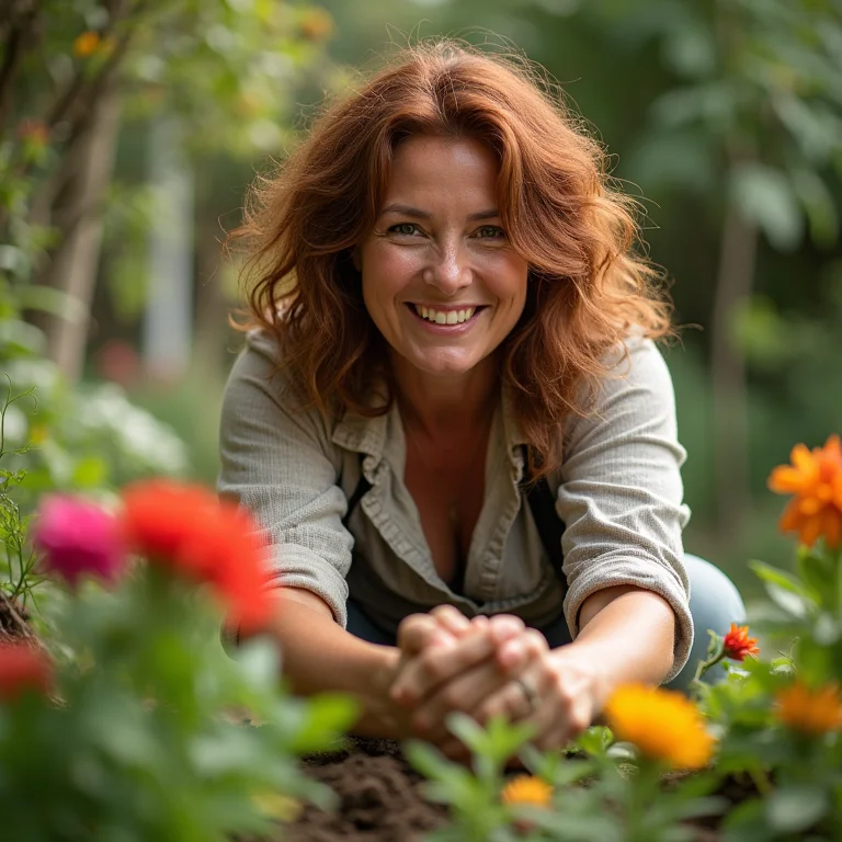 Mulher morena plantando flores em seu jardim para atrair abelhas