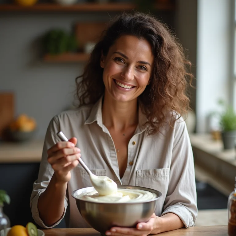Mulher morena preparando mousse de siriguela na cozinha