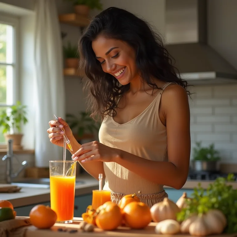 Mulher morena preparando suco de tamarindo em casa.